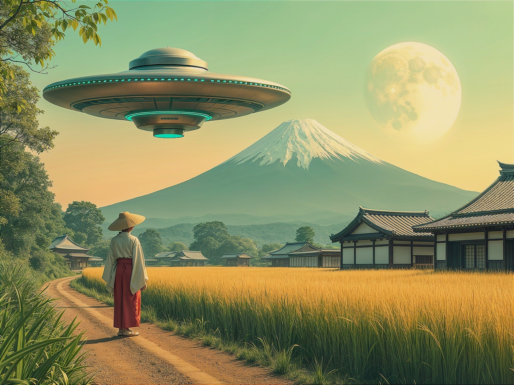 Rural Scene with Traditional Attire and Flying Saucer