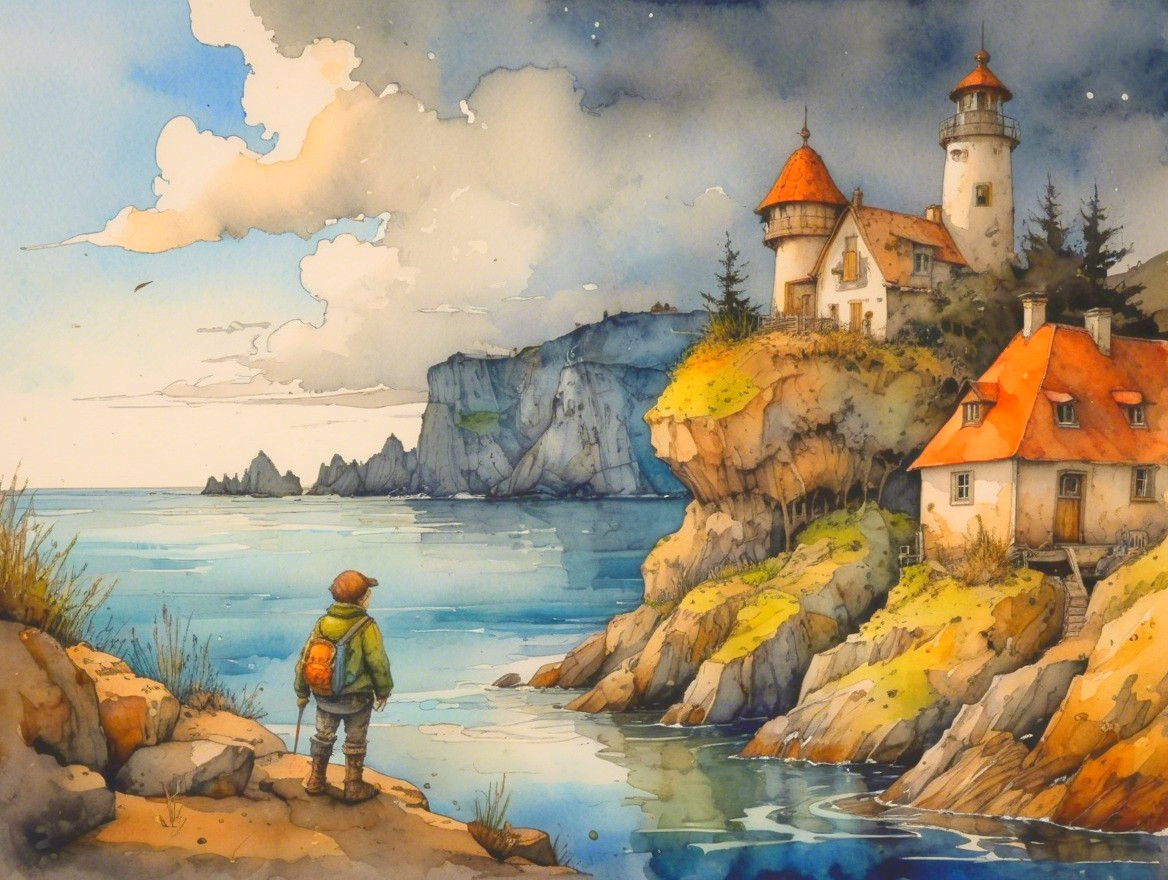 Watercolor of Traveler by Lighthouse at Twilight