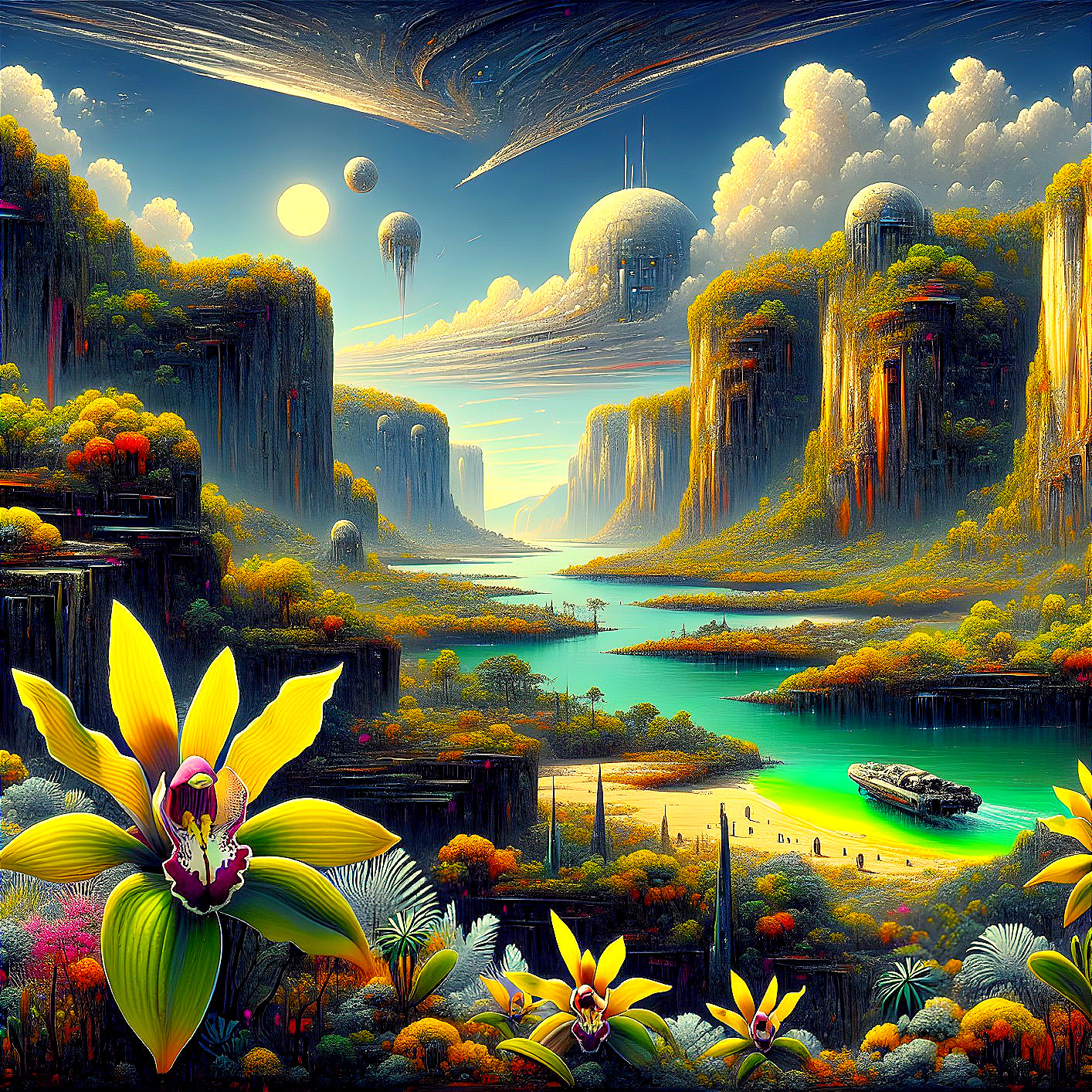 Vibrant Otherworldly Landscape with Colorful Cliffs