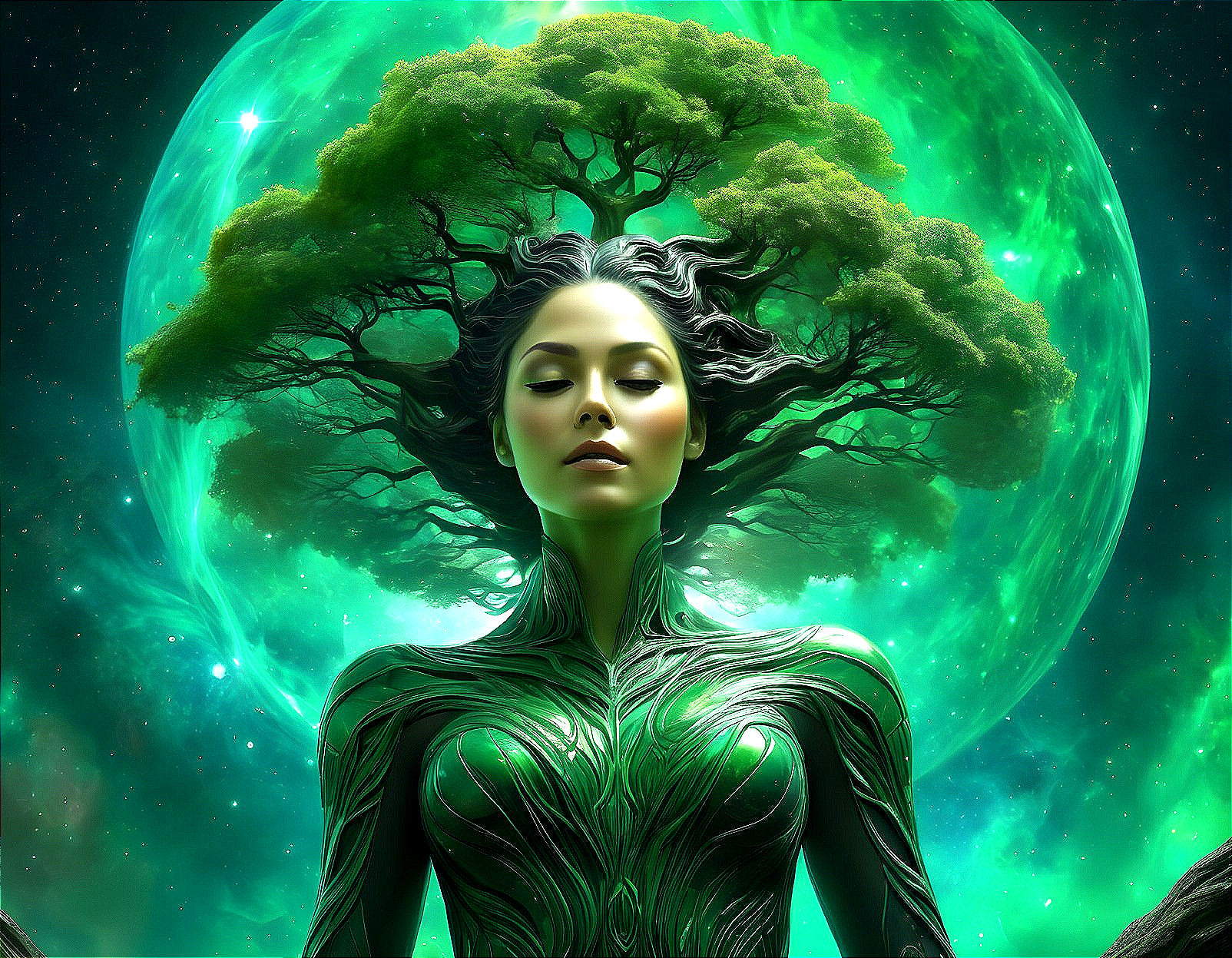 Illustration of mystical woman with tree-like features and celestial backdrop