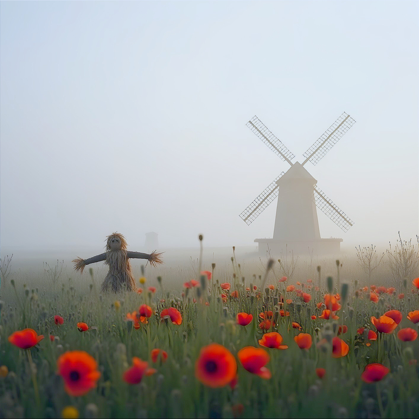 Misty Landscape with Windmill and Vibrant Poppies