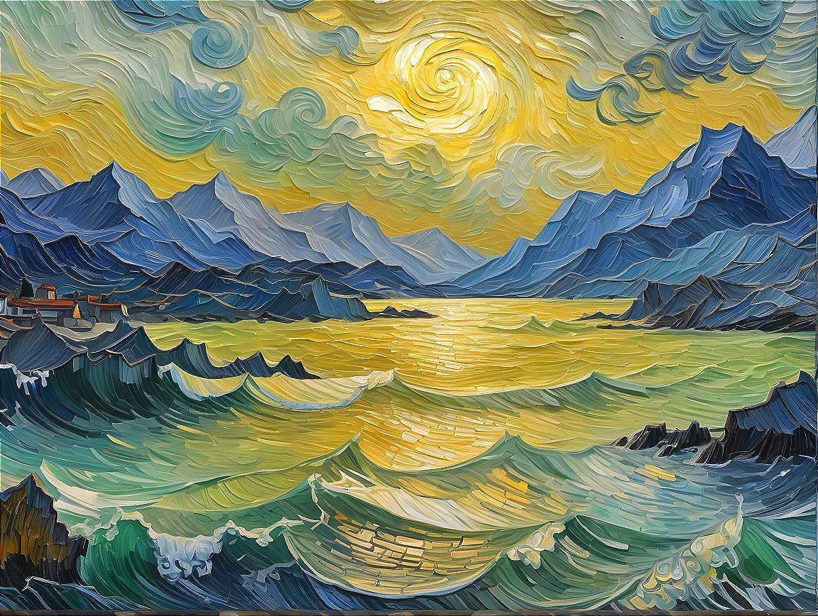 Vibrant Landscape with Majestic Mountains and Waves