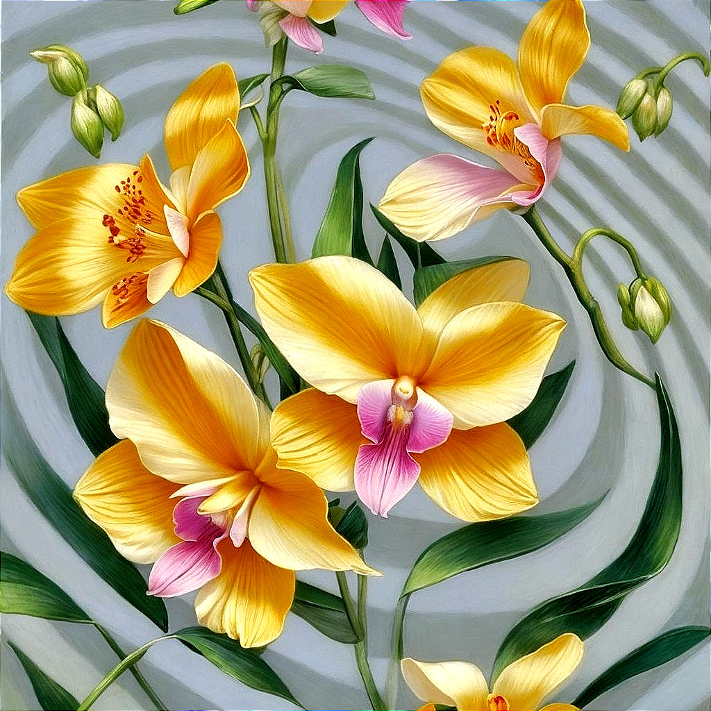 Vibrant Yellow Orchids with Pink Accents on Gray Background