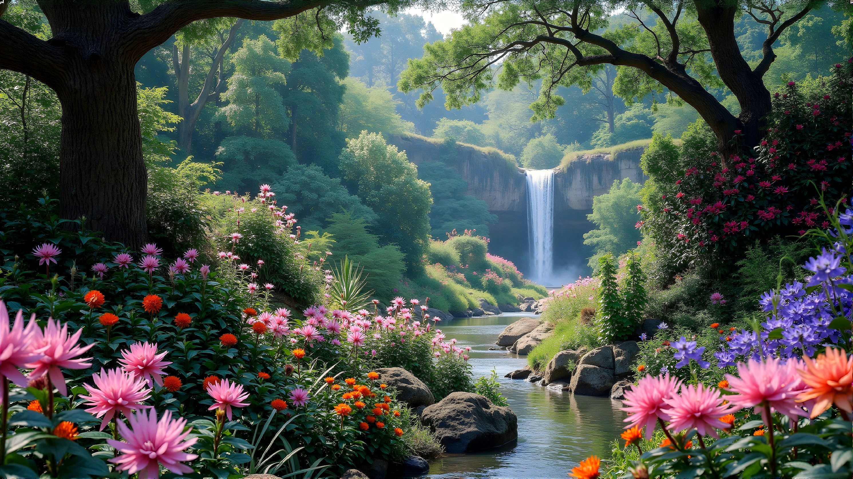Cascading Waterfall in a Lush Green Landscape