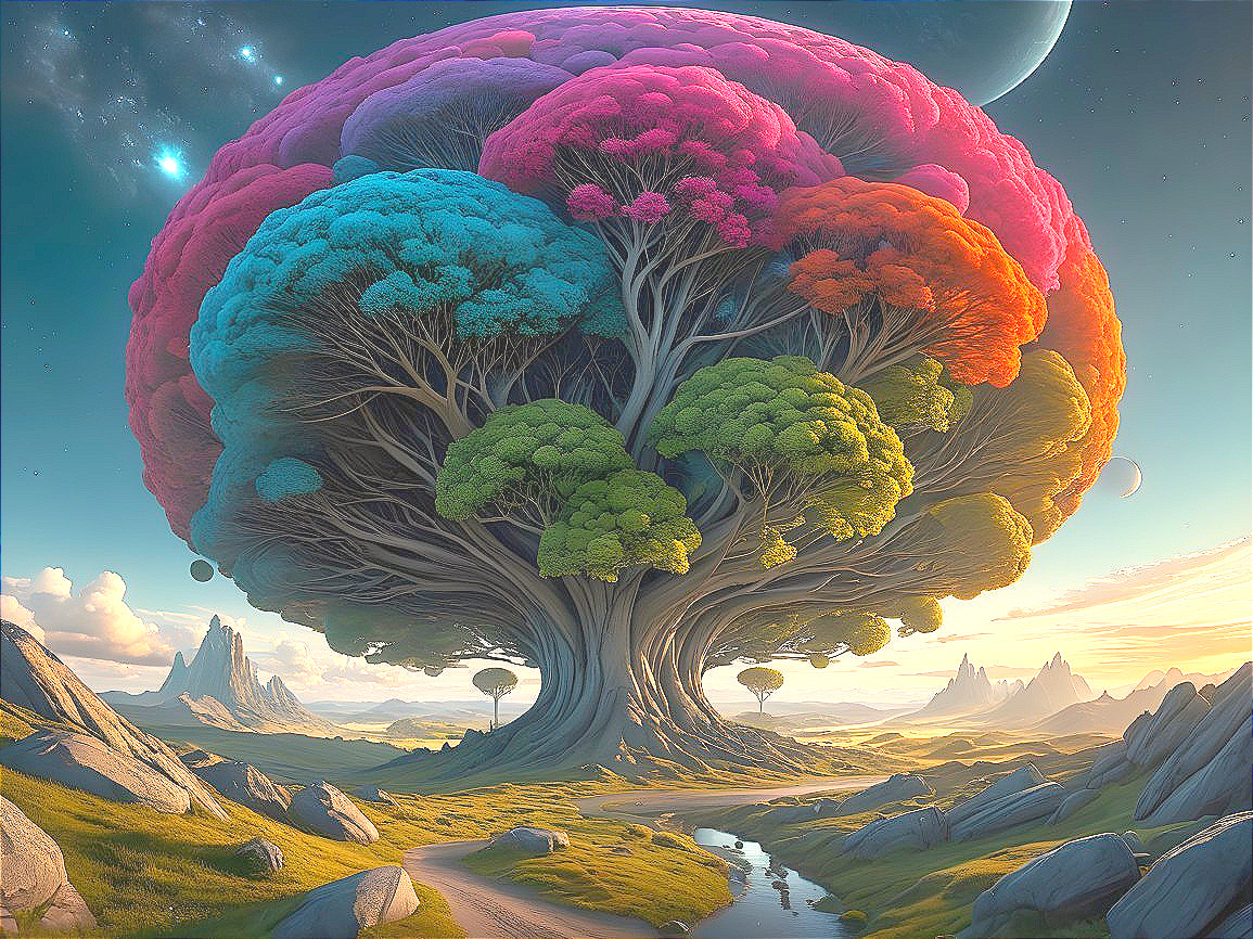 Surreal Tree in Vibrant Landscape with Distant Mountains