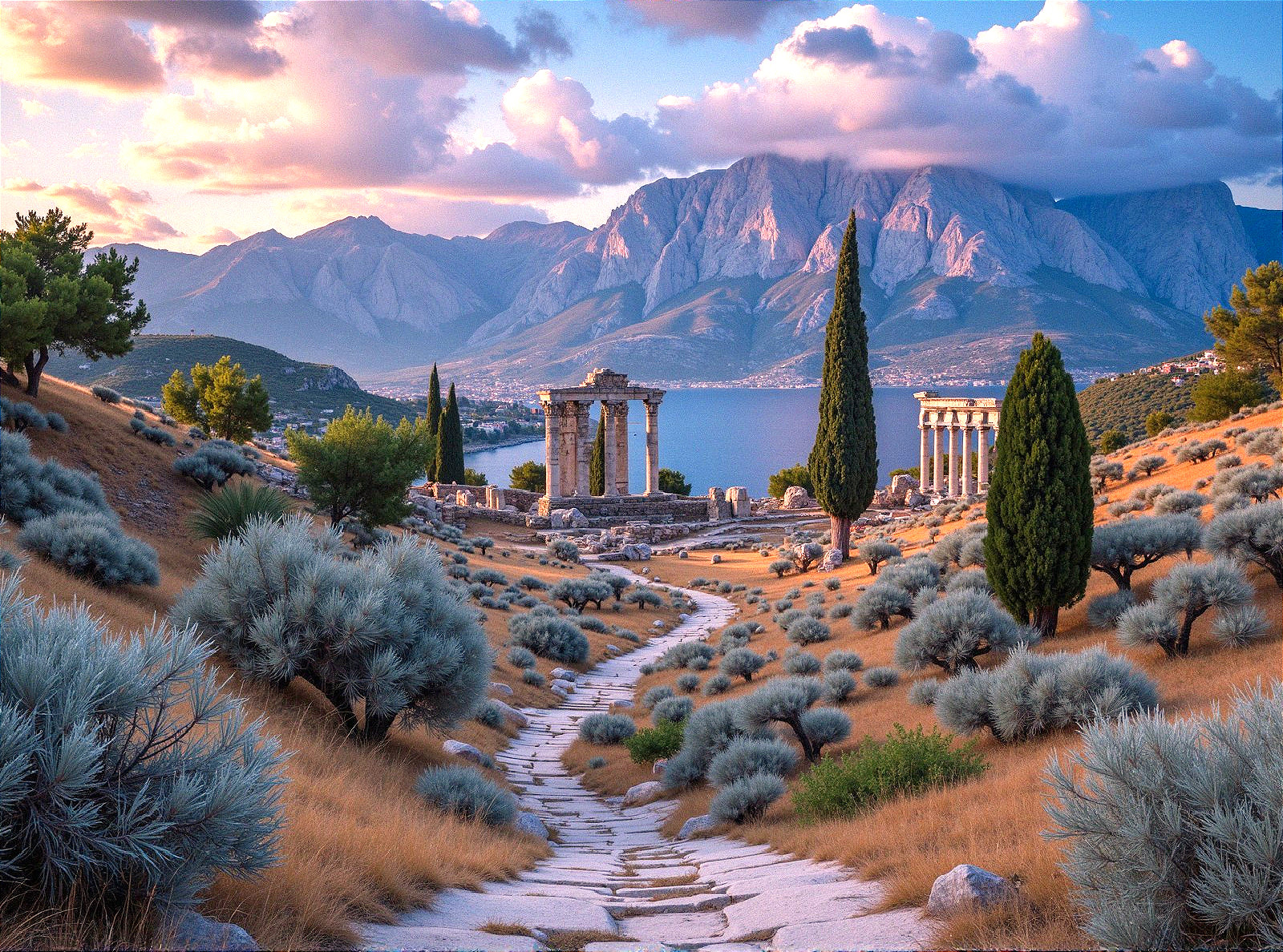 Ancient Greek Ruins Amidst Serene Mountain Landscape