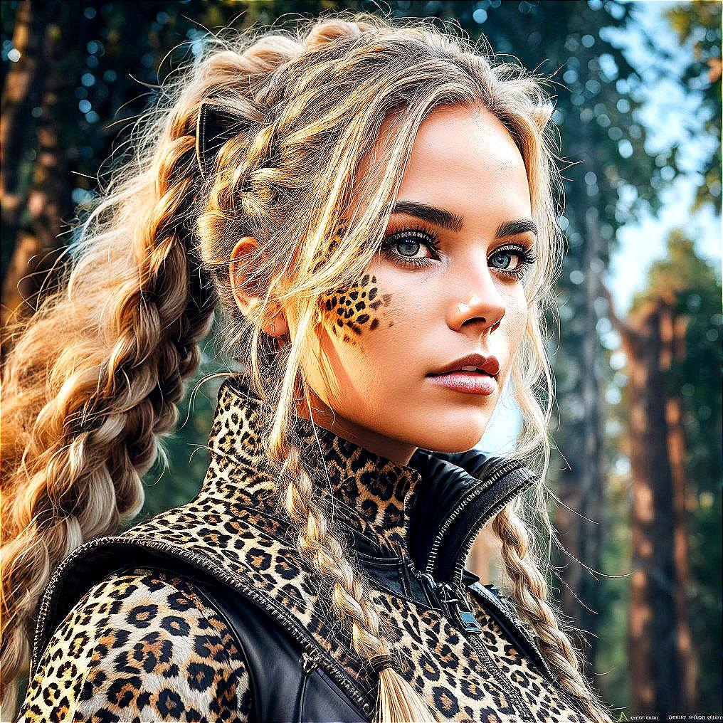 Young Woman in Leopard Print Outfit in Forest Setting