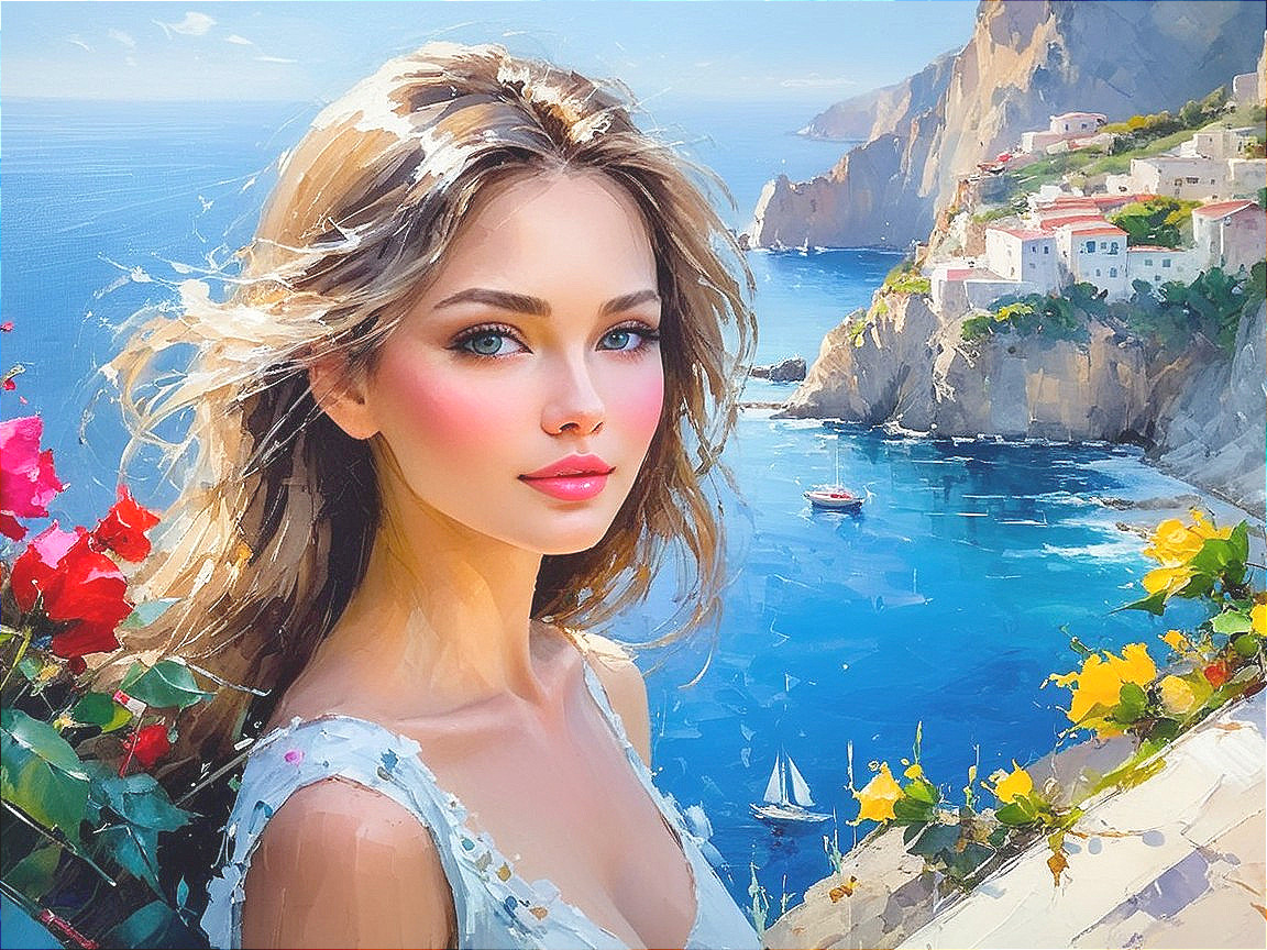 Young Woman Surrounded by Coastal Landscape and Flowers
