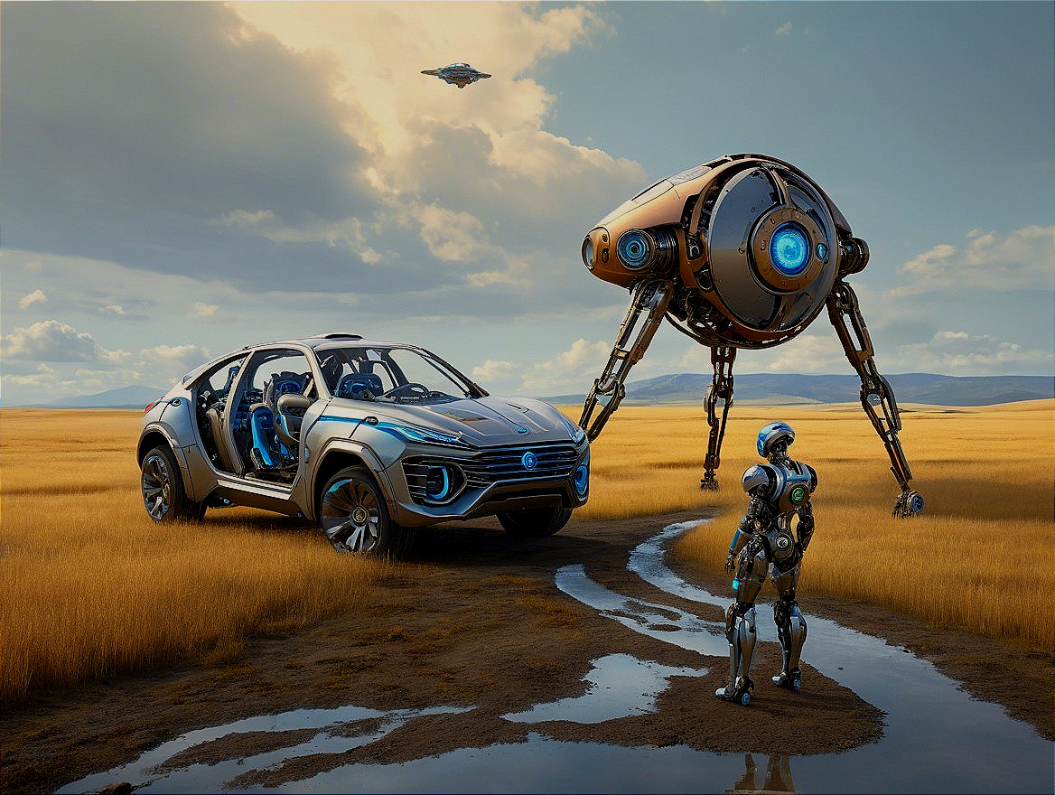 Futuristic Landscape with High-Tech Vehicles and Robots