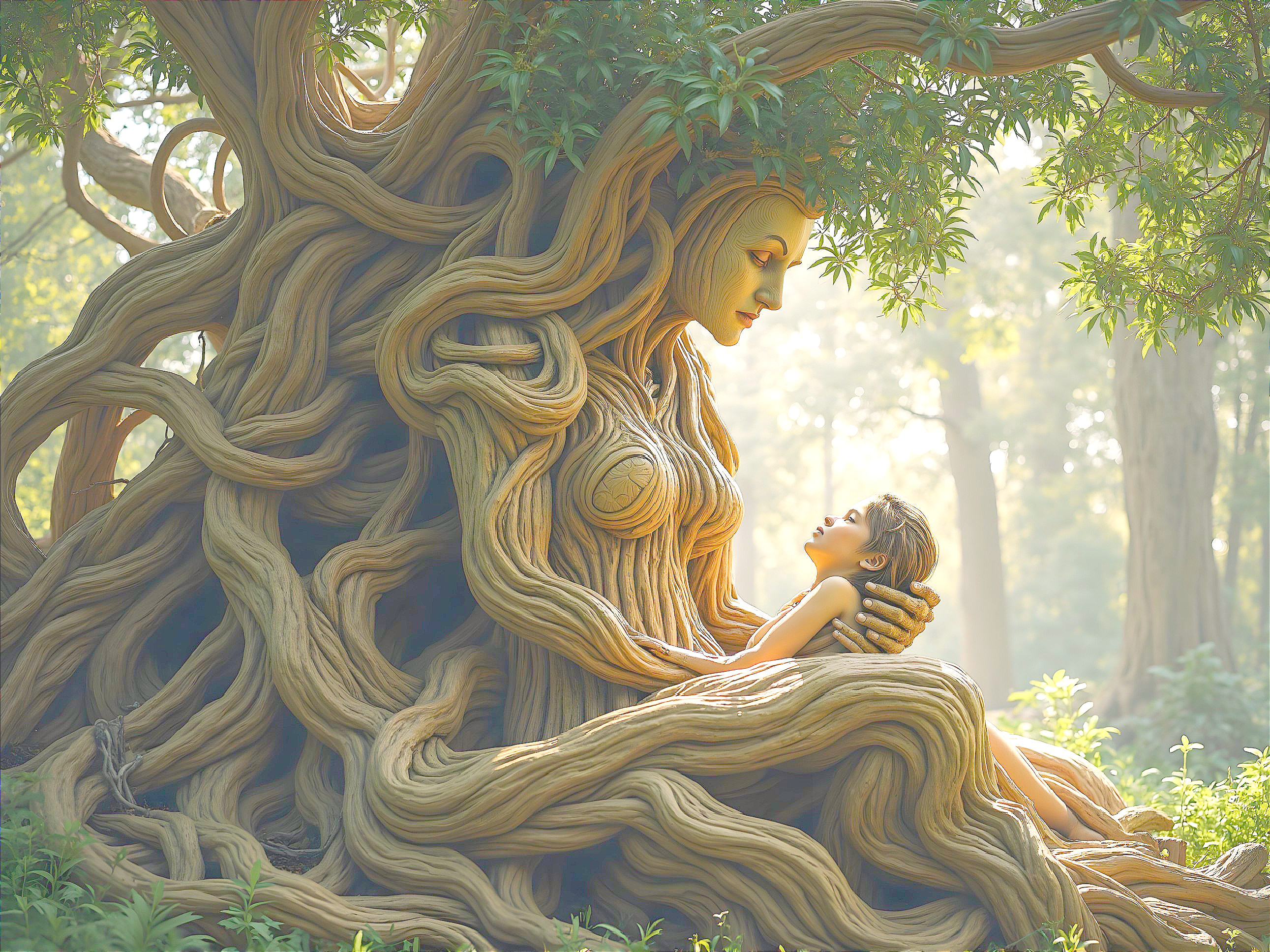 Majestic tree spirit cradling a child in a forest