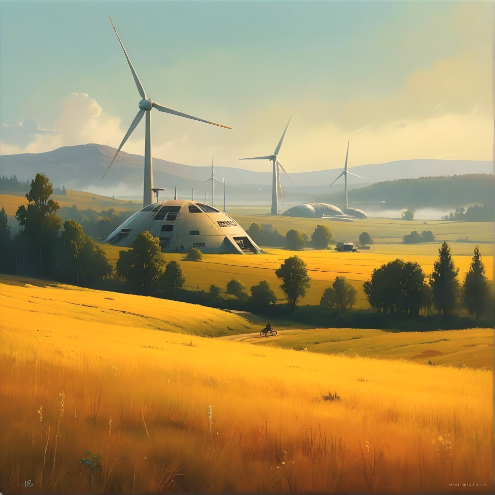 Serene Landscape with Wind Turbines and Dome Structures
