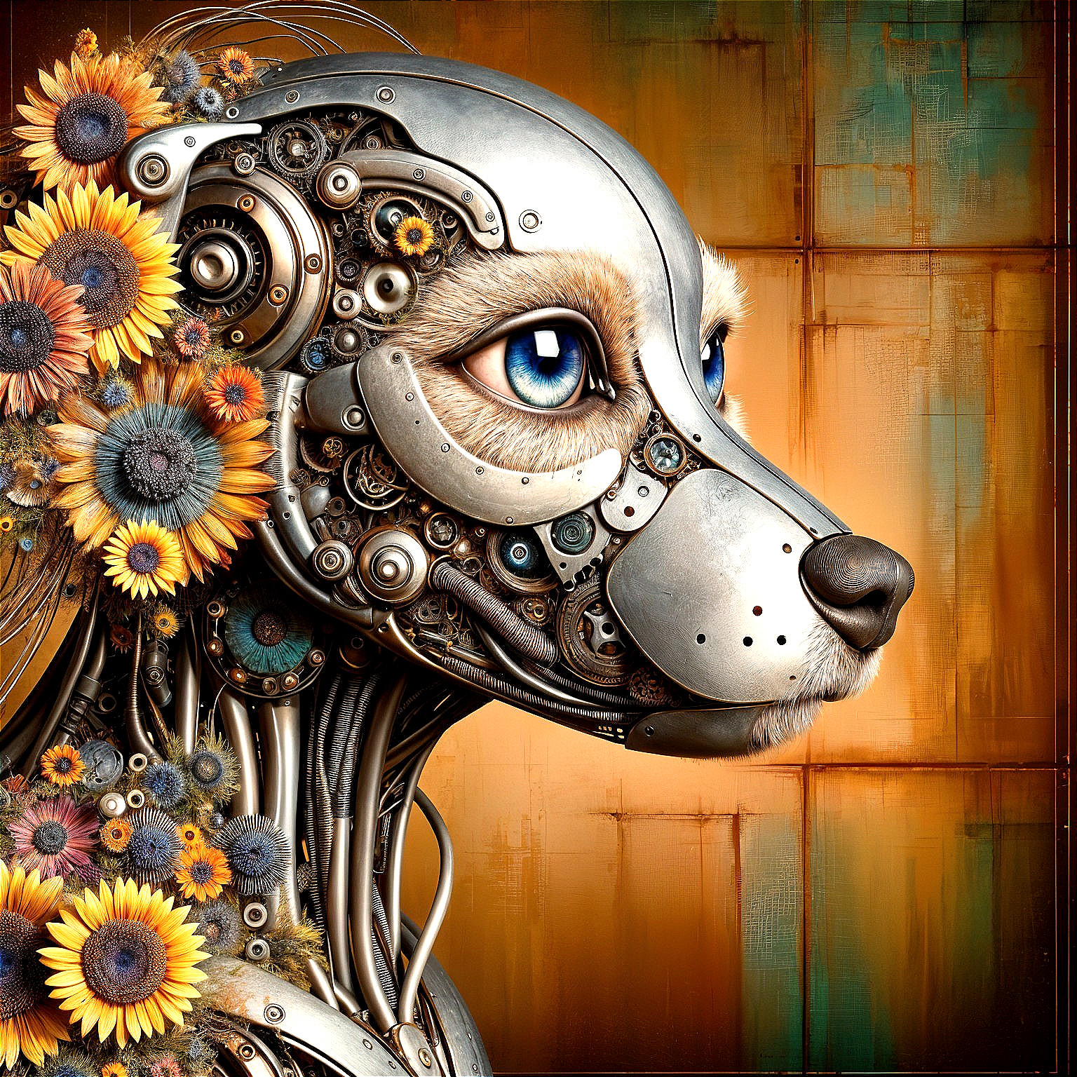 Robotic Dog Surrounded by Sunflowers and Orange Background