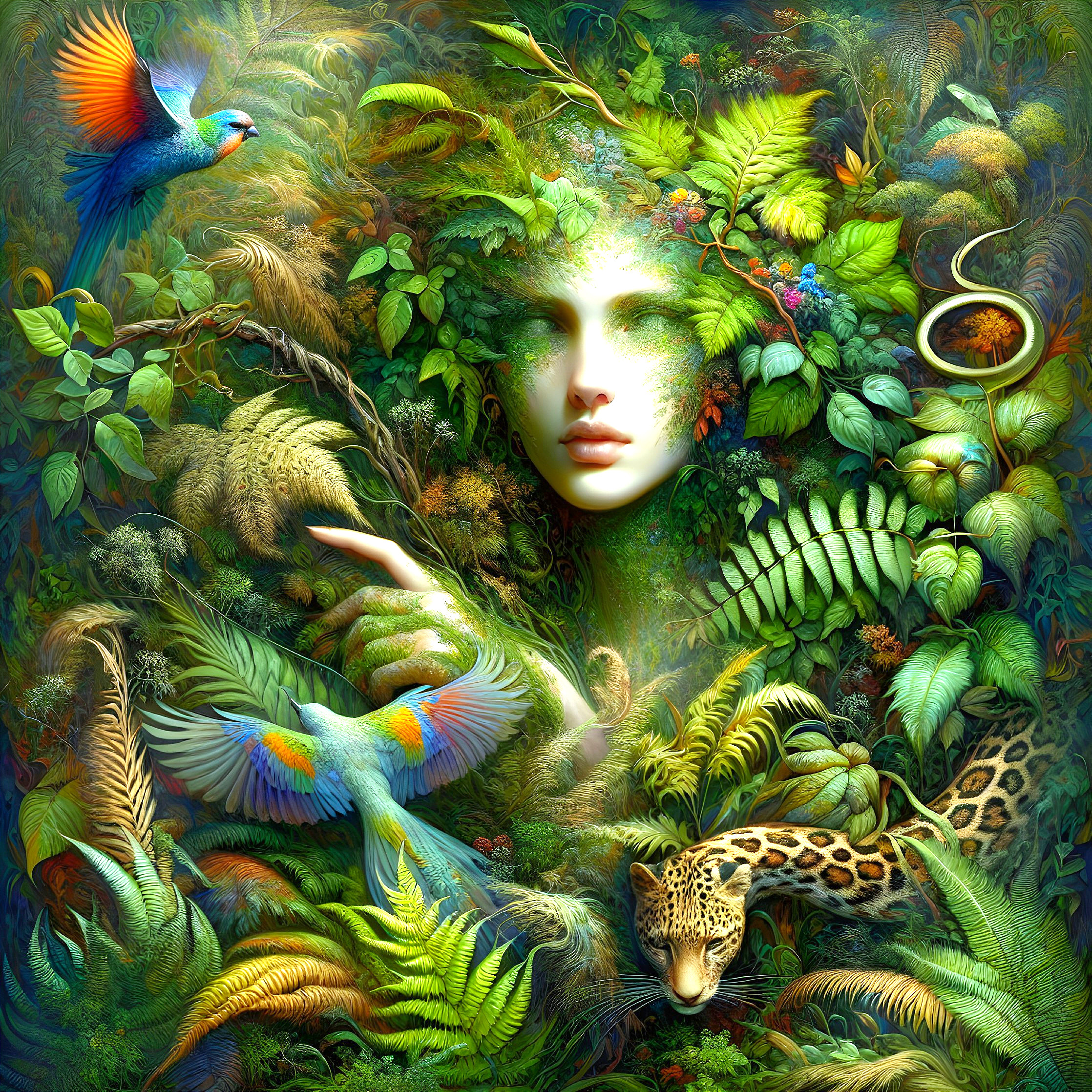 Vibrant Jungle Scene with Human-Nature Fusion