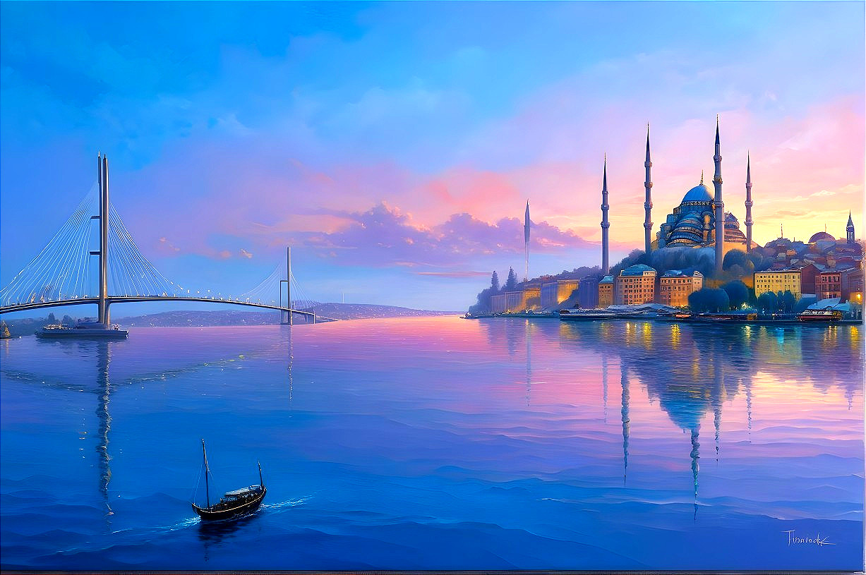 Serene Sunset Over Istanbul's Skyline and Waterway