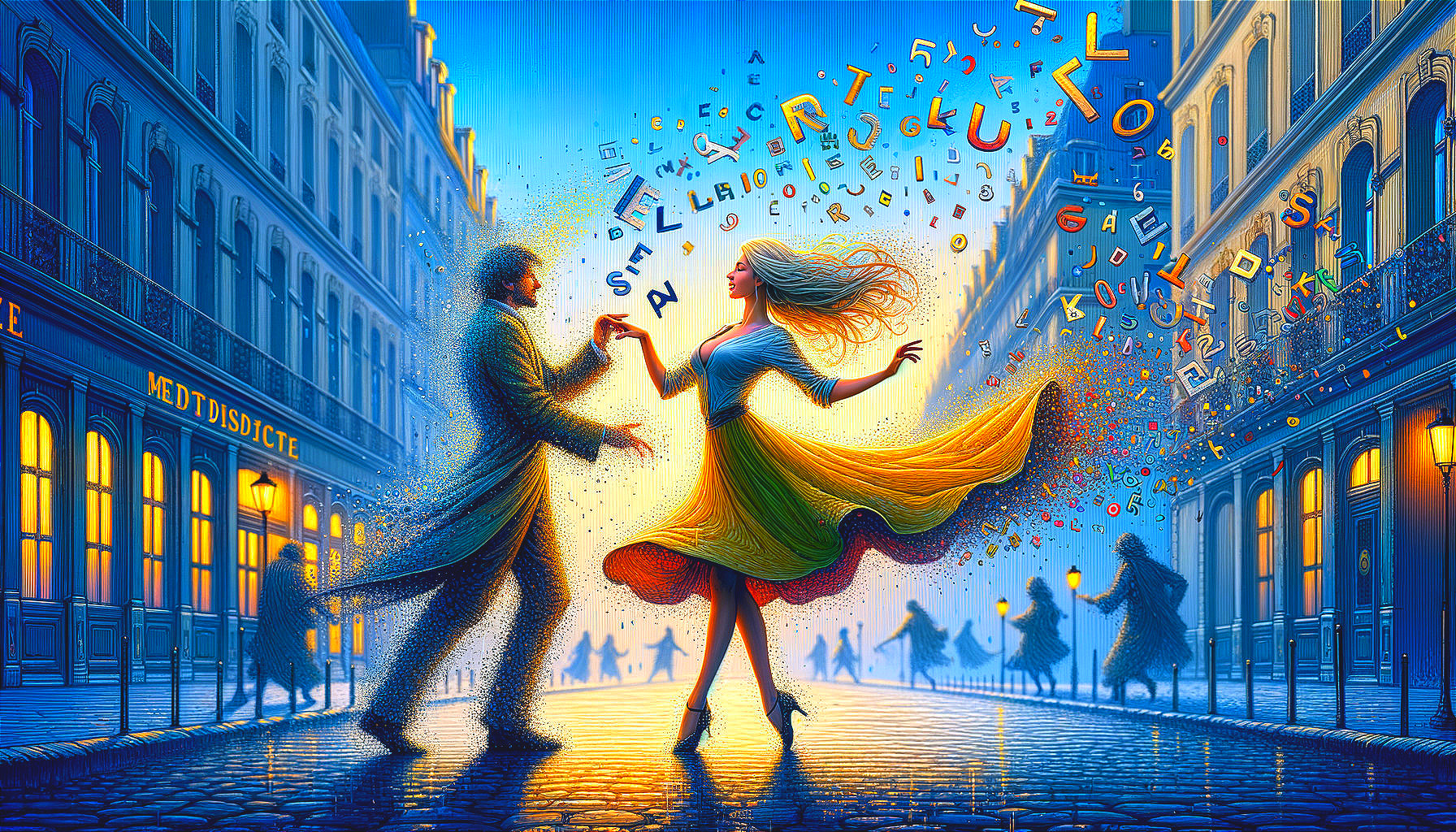 Vibrant Parisian Street with Dancing Couple and Symbols