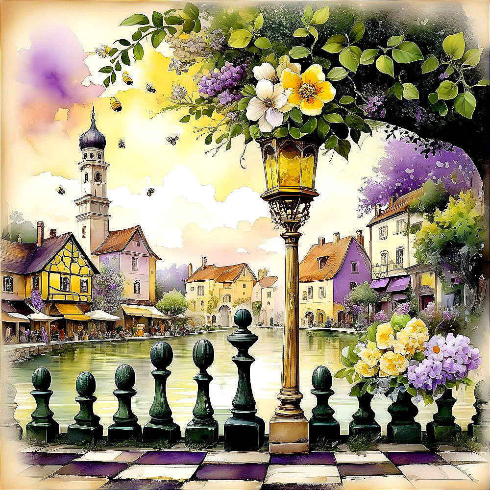 Lakeside Village Scene with Colorful Houses and Flowers