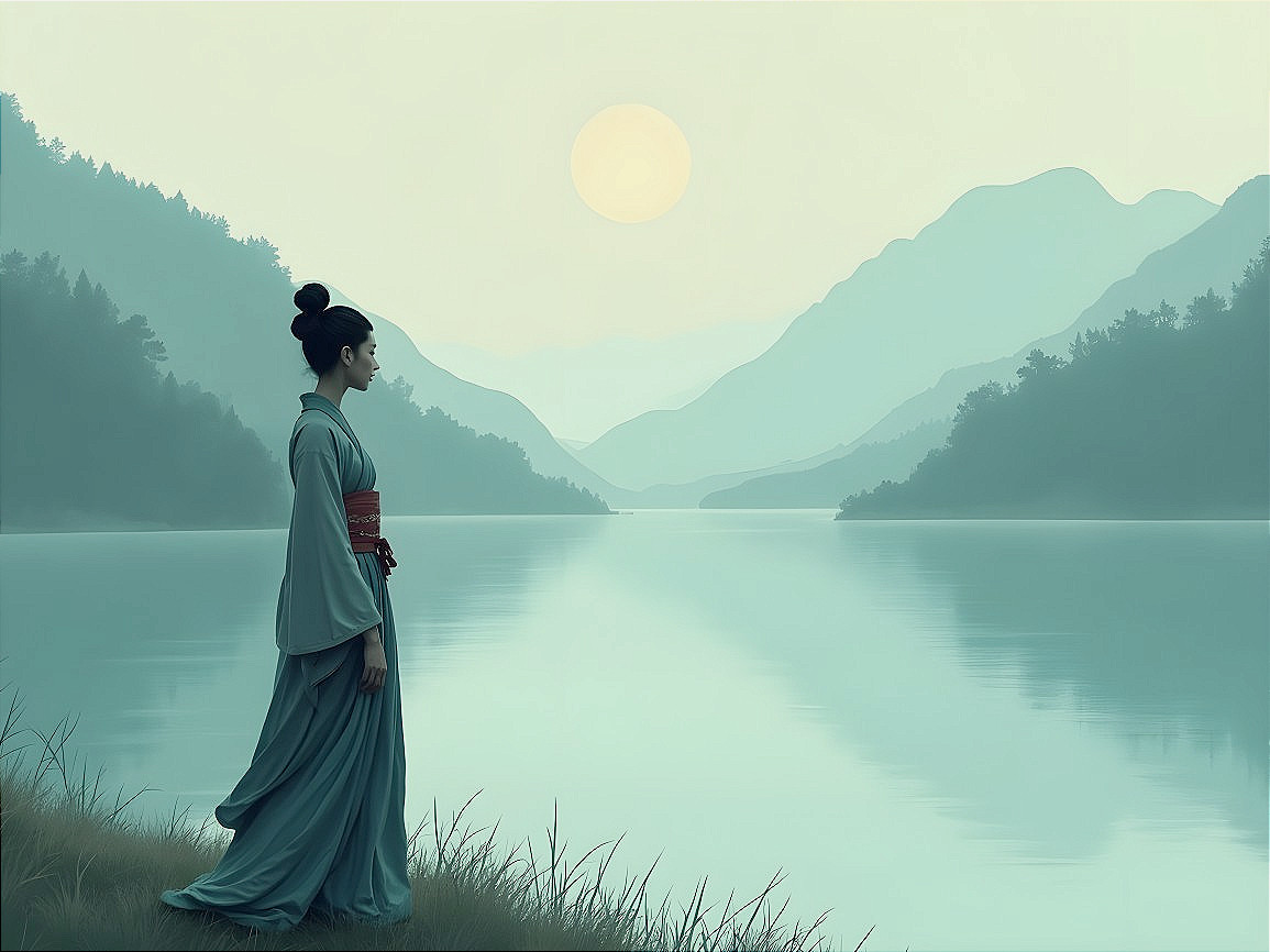 Serene landscape with river, mountains, and sunrise
