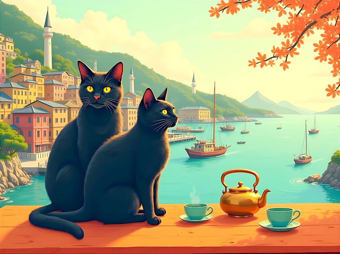 Black Cats on Ledge Overlooking Tranquil Harbor