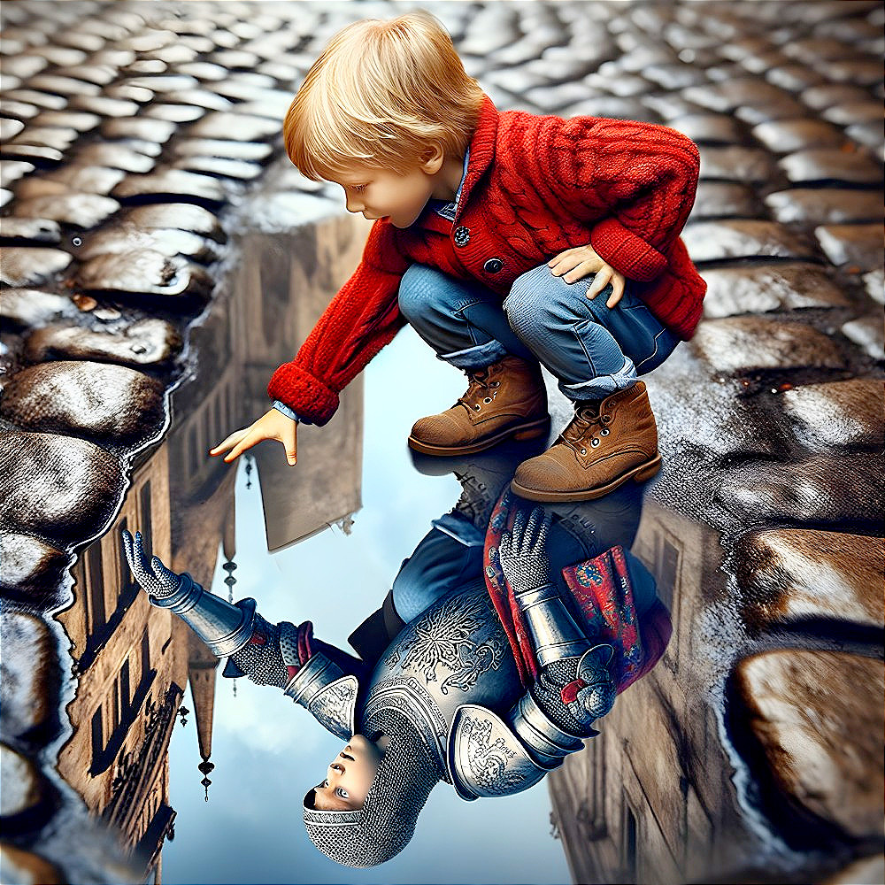 Boy in Red Sweater Touches Reflection in Puddle