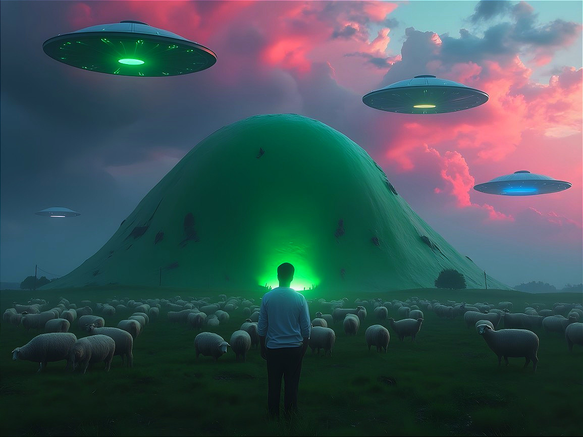 Surreal Scene with UFOs, Green Hill, and Sheep