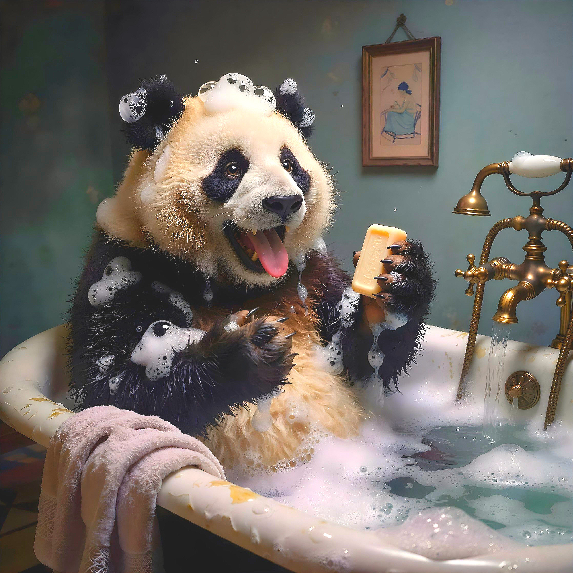 Giant panda in a bathtub with soap bubbles and water