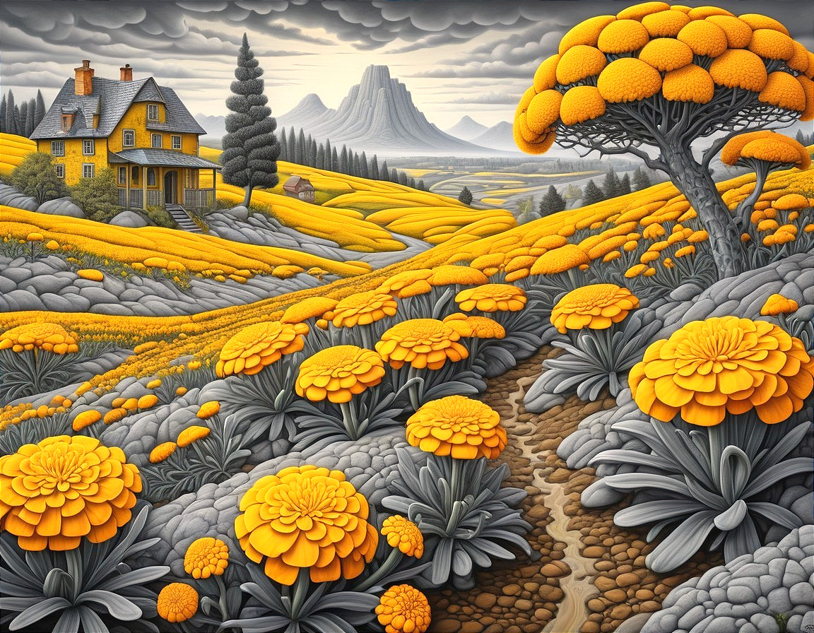 Vibrant landscape with yellow house and rolling hills