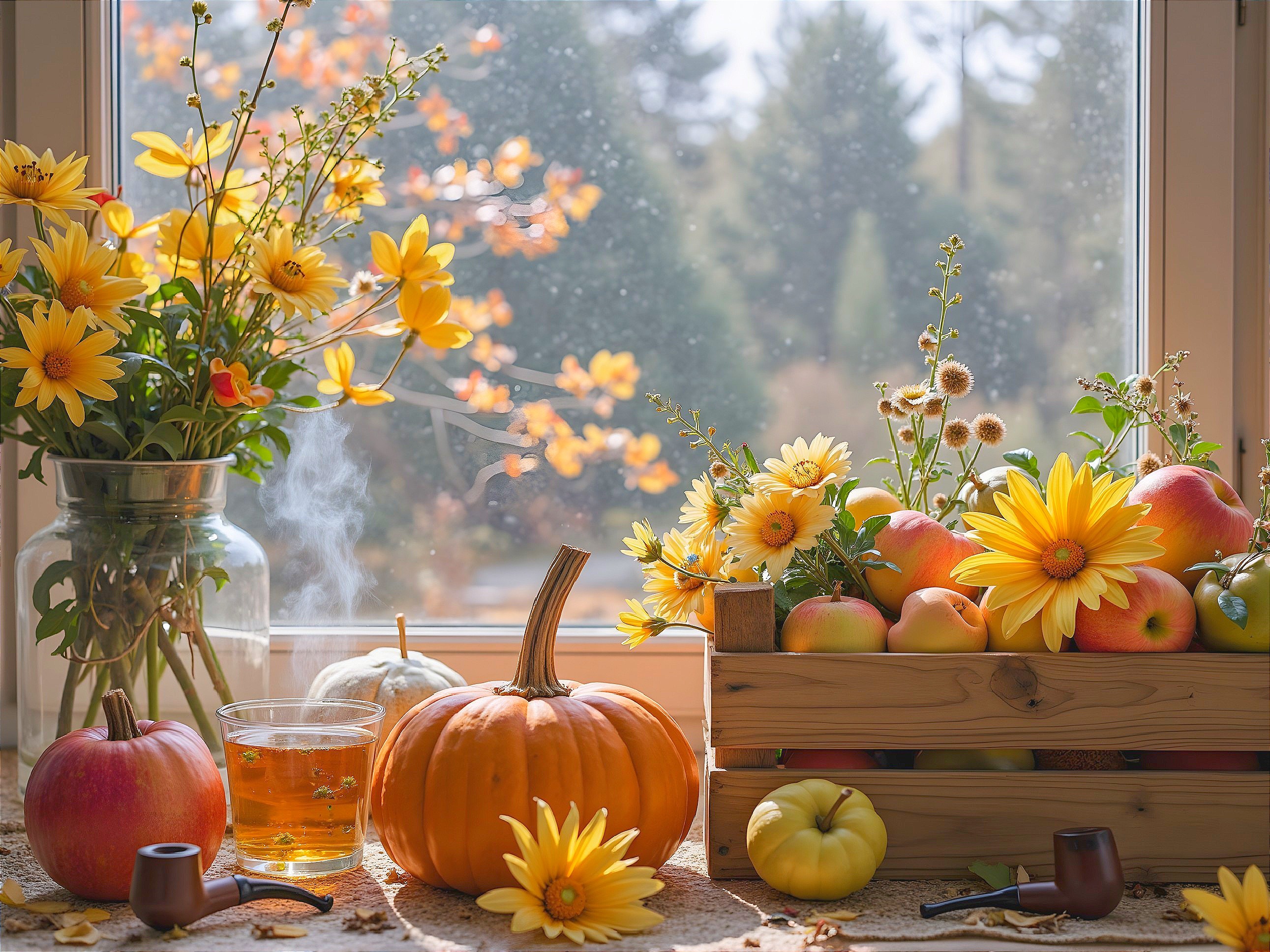 Cozy Fall Scene with Tea, Apples, and Sunflowers