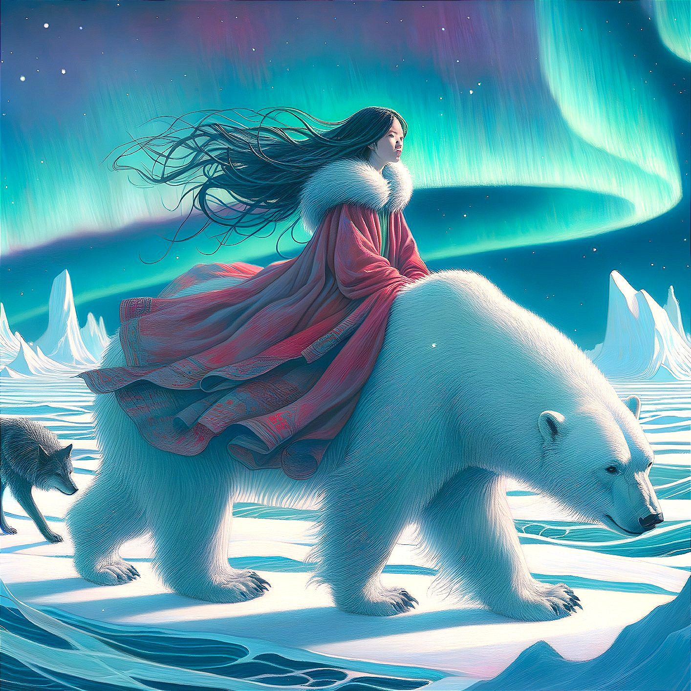 Woman in Gown Riding Polar Bear Under Aurora Borealis