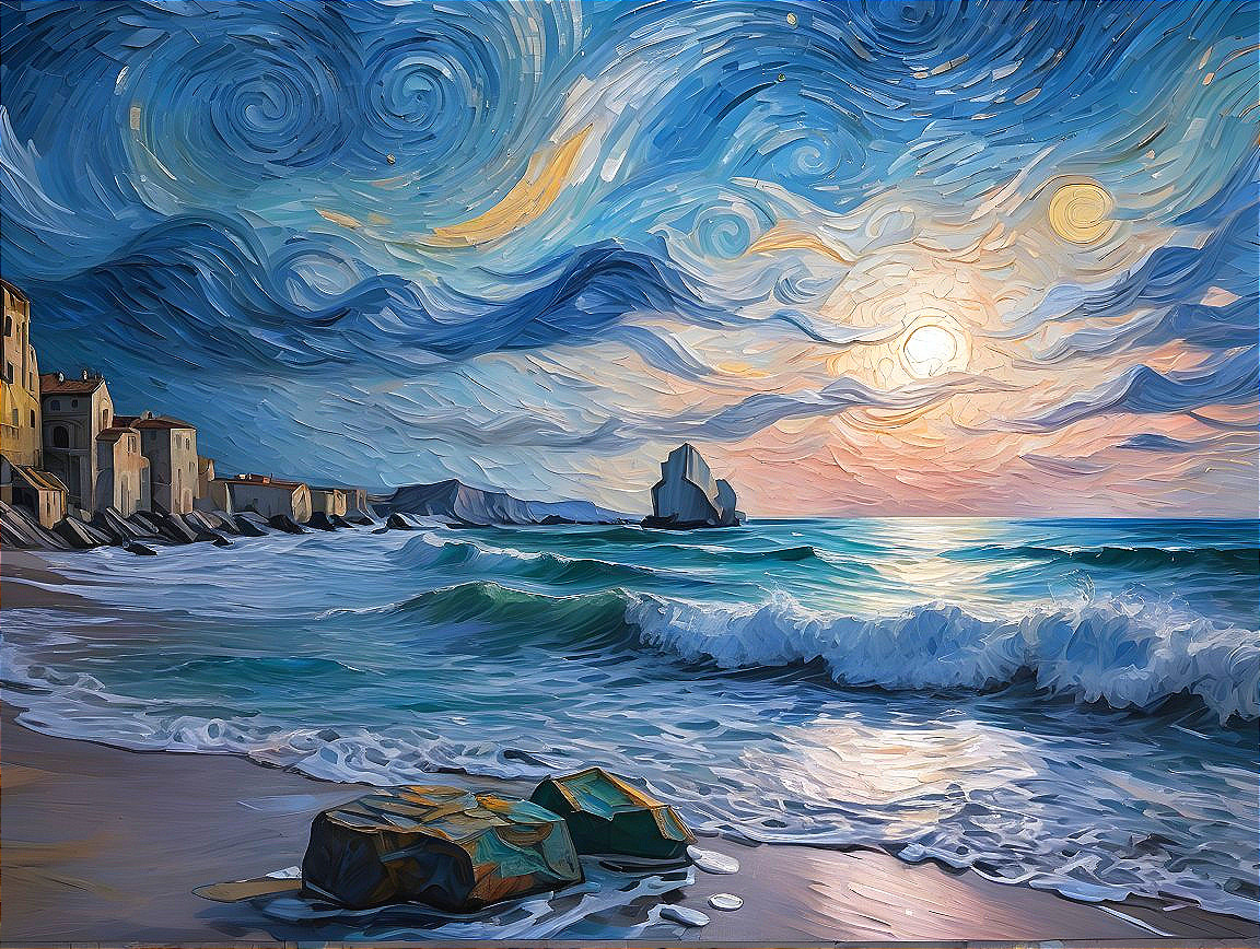 Vibrant Seascape with Moon and Sunset Colors