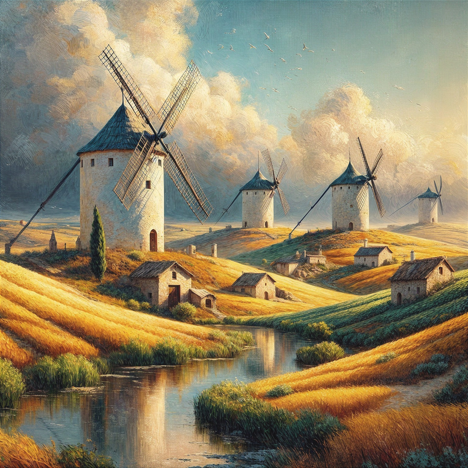Picturesque Landscape with Windmills and Cottages
