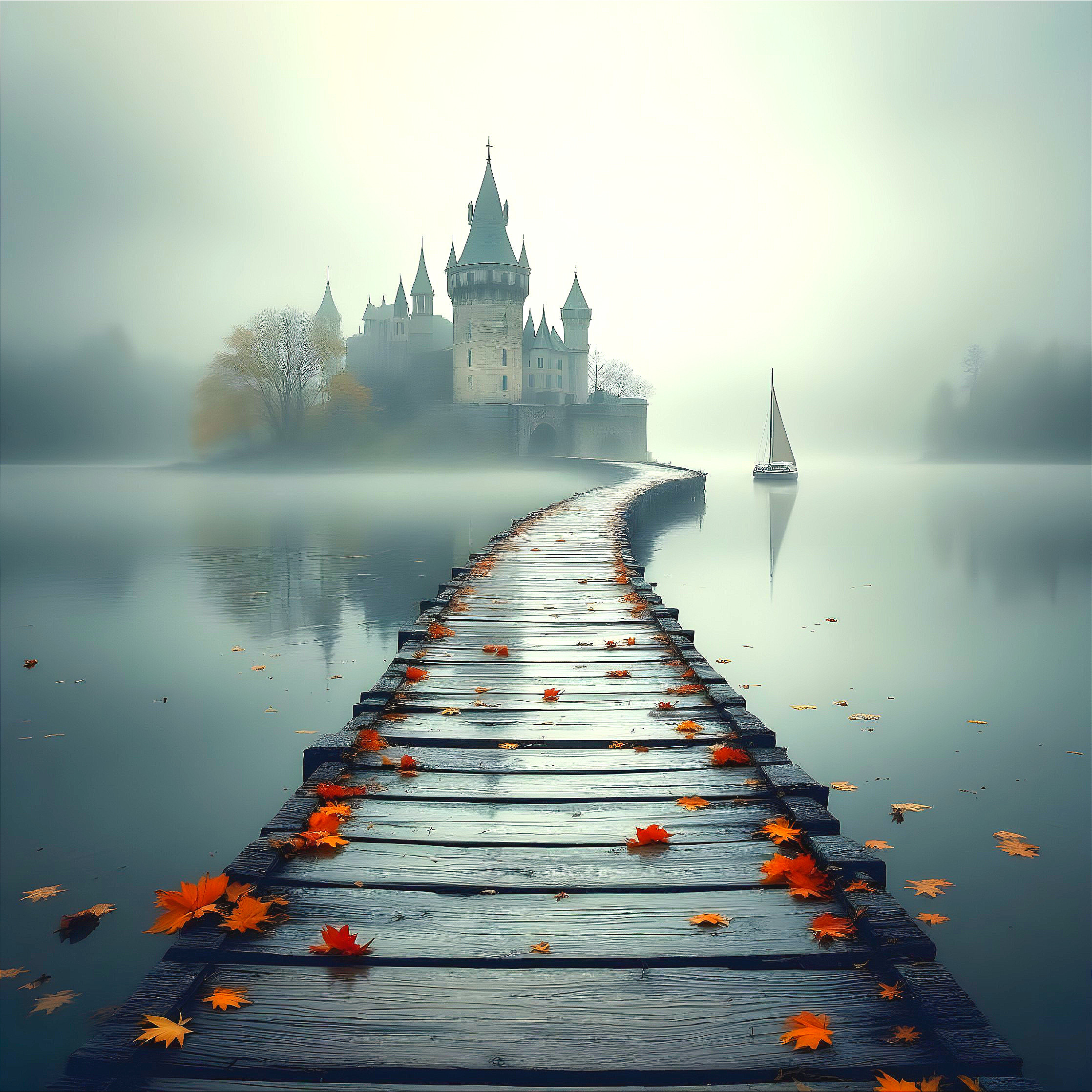Winding Bridge to a Misty Castle in Autumn Scenery