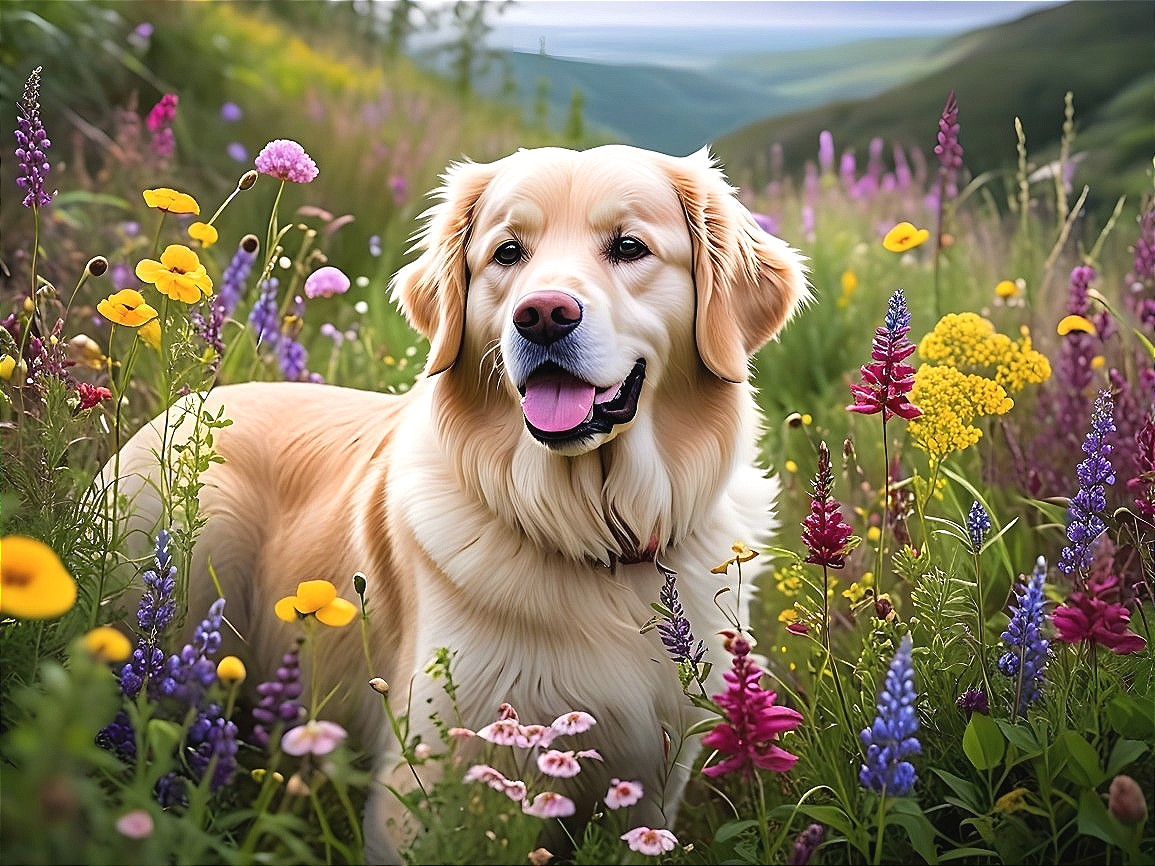 Golden Retriever in Vibrant Wildflower Field