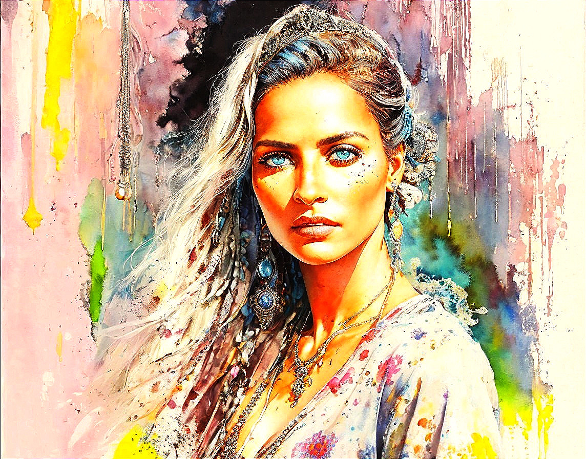 Vibrant Watercolor Portrait of a Woman with Blue Eyes