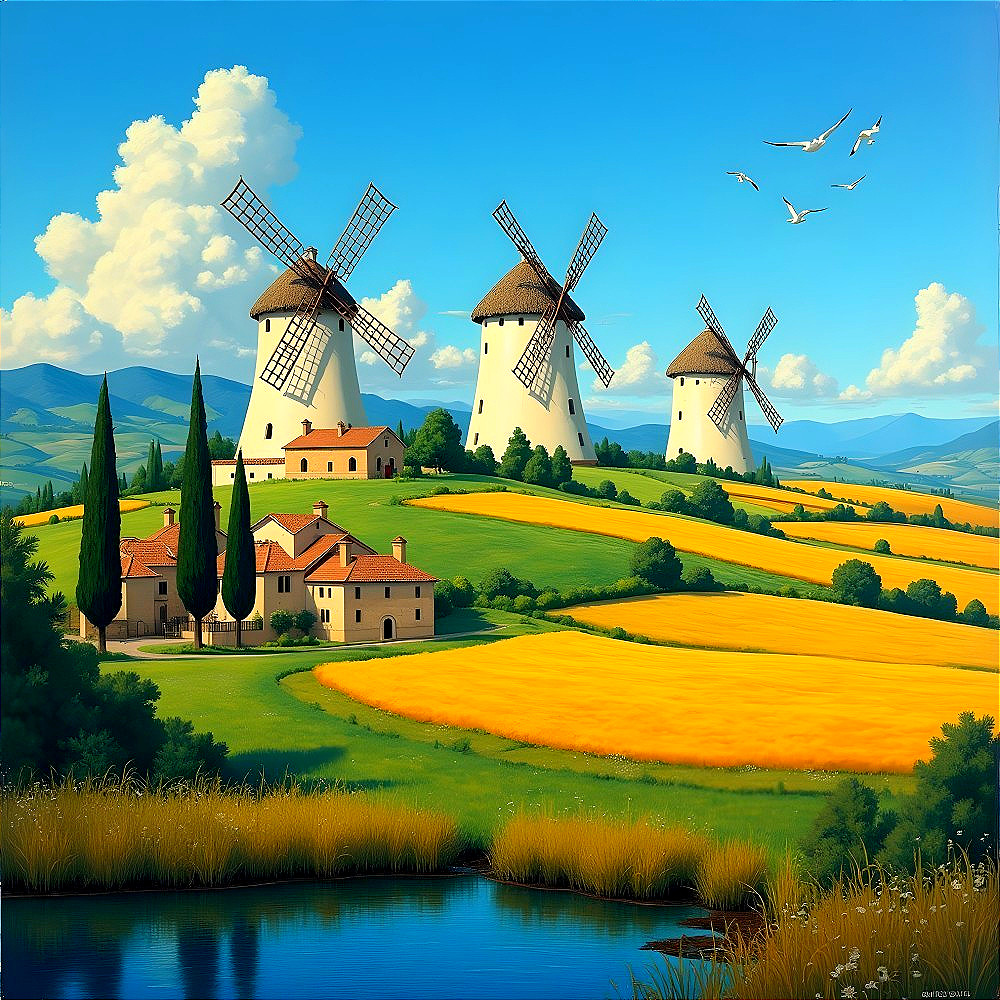 Serene Landscape with Windmills and Farmhouse
