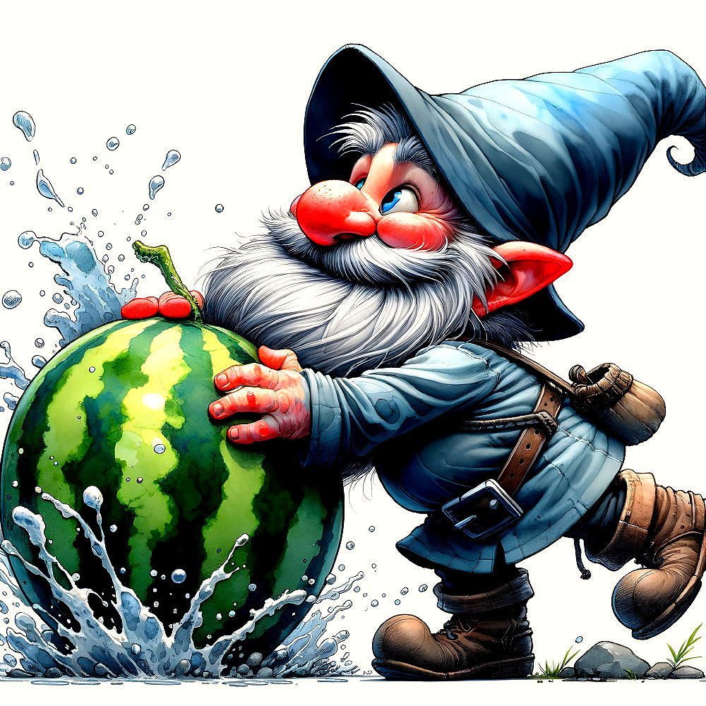 Whimsical Gnome Rolling Watermelon in Colorful Scene