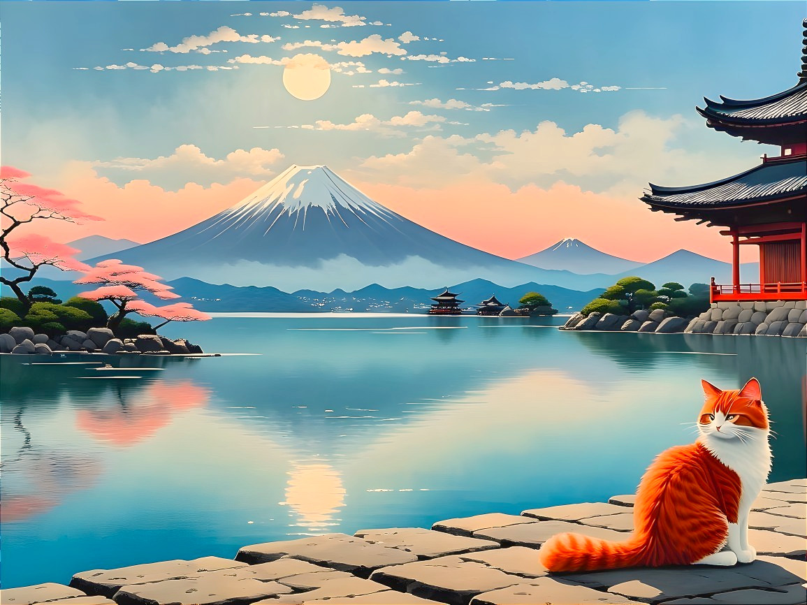Tranquil Lake and Mount Fuji with Cherry Blossoms