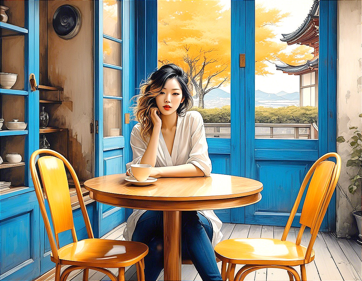 Indoor Scene with Woman at Table and Autumn View