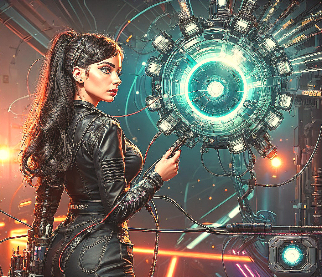 Futuristic woman with glowing circular device and wires.