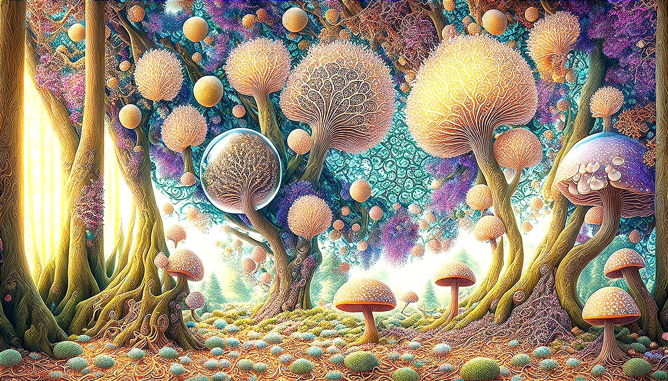 Vibrant Fantasy Landscape with Surreal Mushrooms and Trees