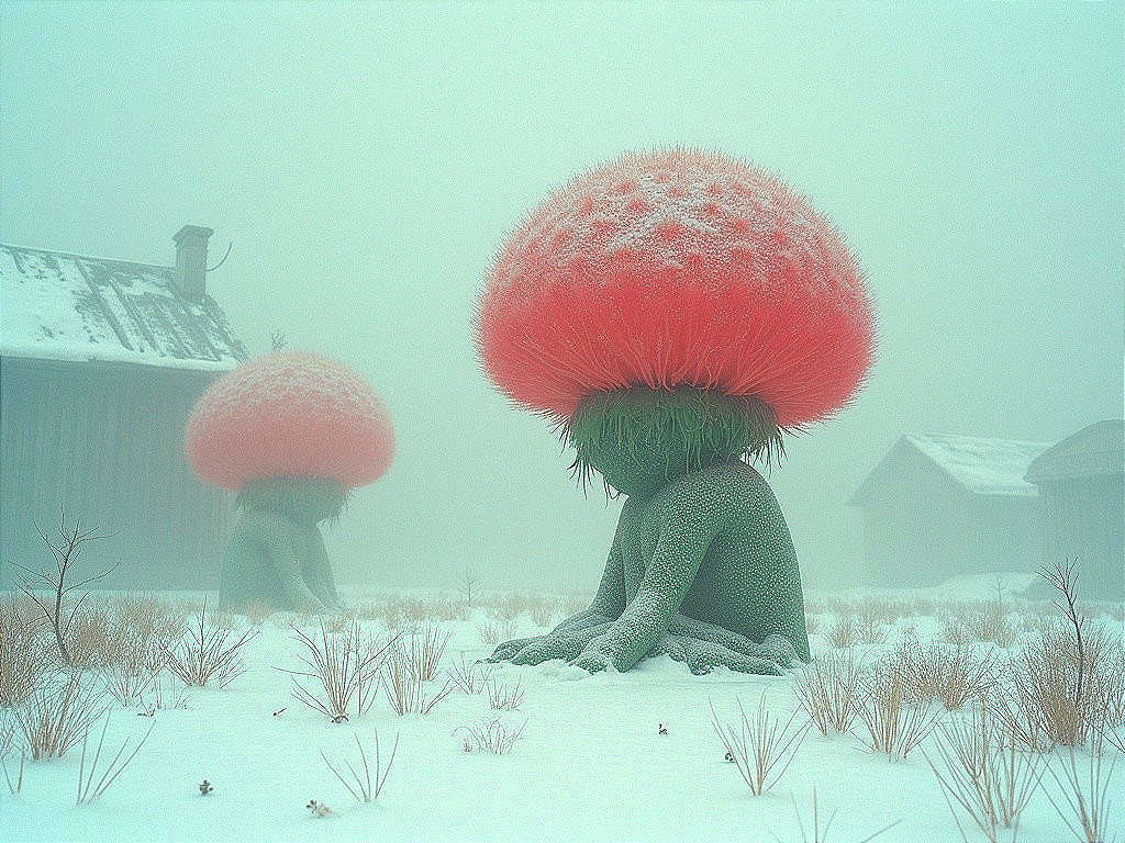 Surreal Mushroom Figures in Foggy Snowy Landscape