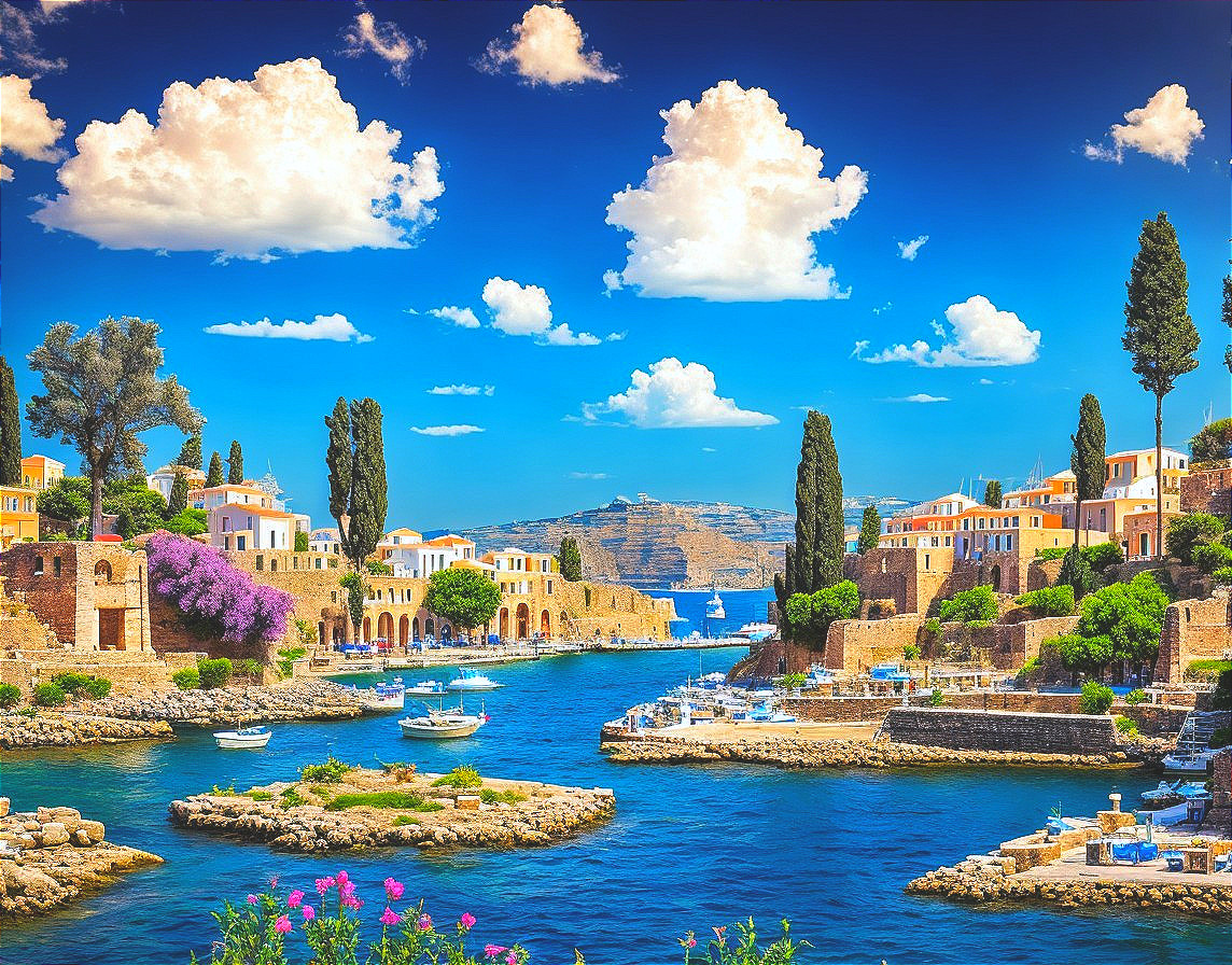 Coastal Harbor with Vibrant Waters and Bougainvillea