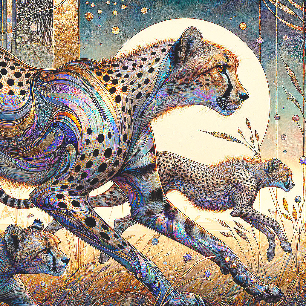 Vibrant Artwork of Cheetahs in Motion and Landscape