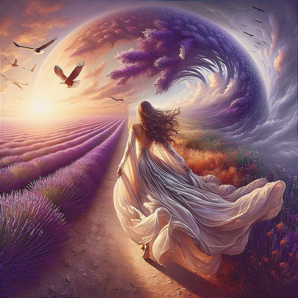 Woman in White Dress in Lavender Field at Sunset