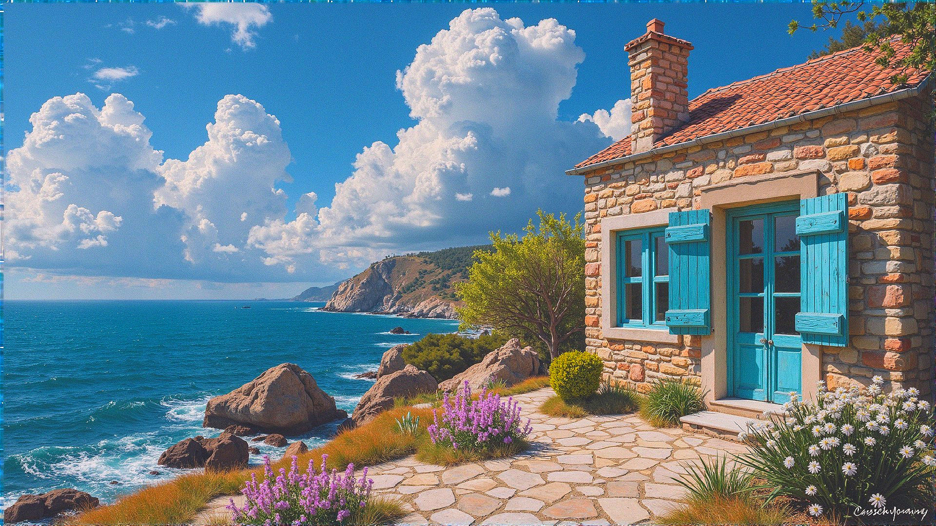 Stone cottage with blue shutters by serene coastline