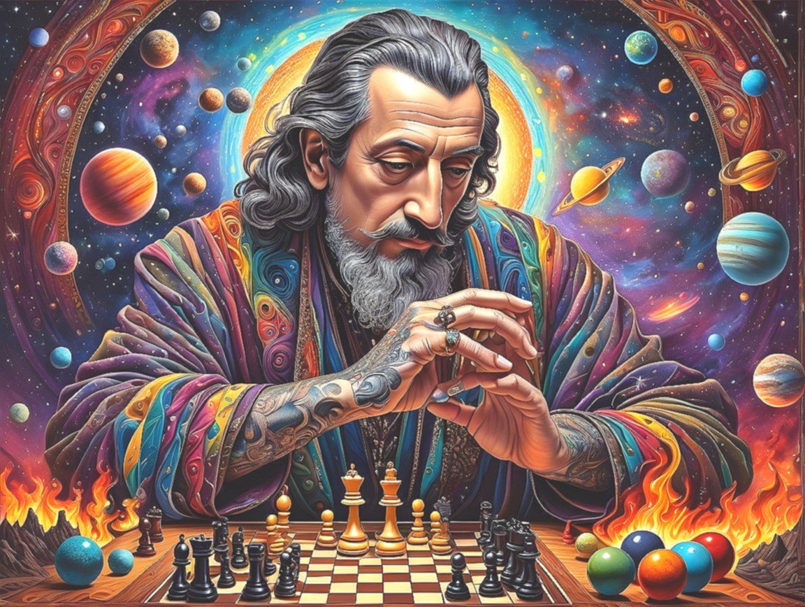 Cosmic Chess Game with Enigmatic Figure and Planets