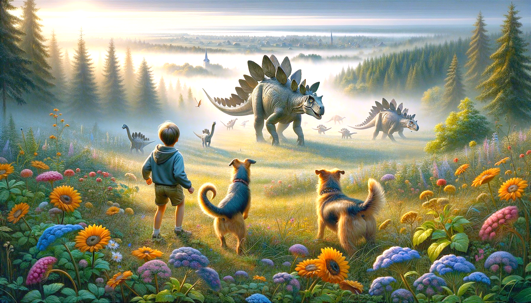 Boy with Dogs in Flower Meadow and Dinosaurs Nearby