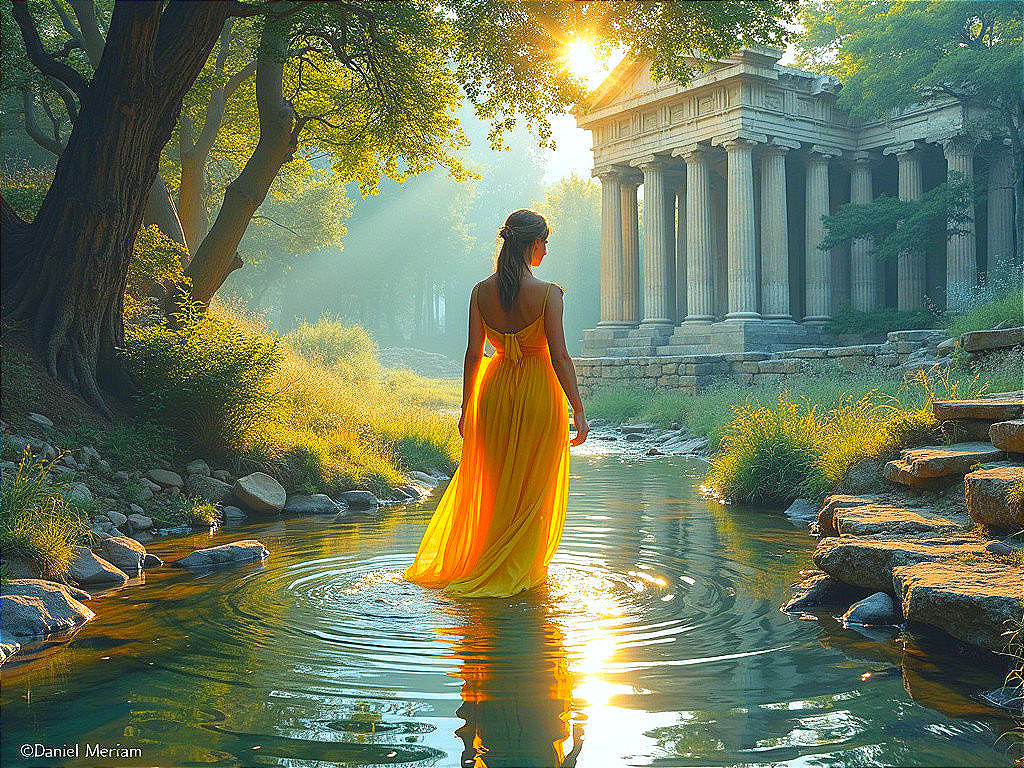 Serene Landscape with Woman in Yellow Gown and Nature