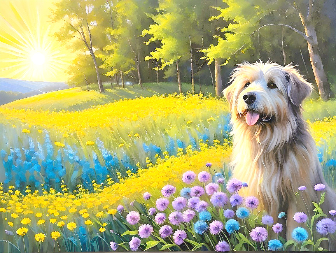 Golden-haired dog in a colorful flower landscape
