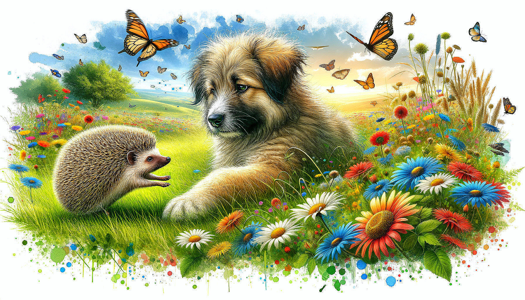 Puppy and hedgehog in a colorful meadow scene