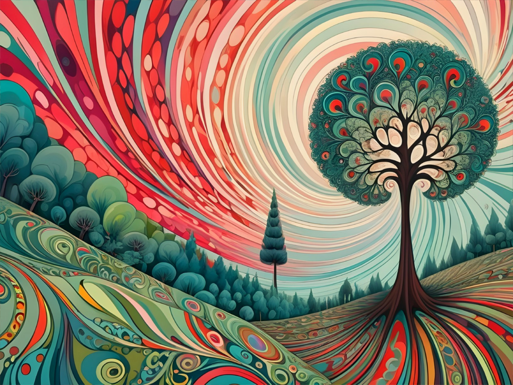 Vibrant Landscape with Whimsical Tree and Colors